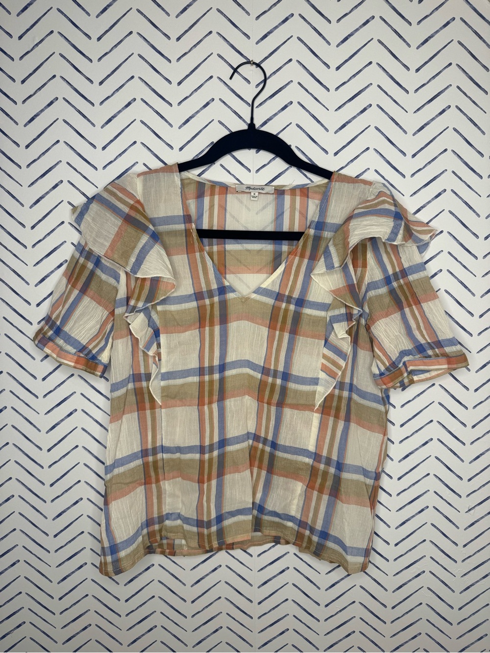 Madewell Lightweight gauze Plaid Shirt - Blue, Cream & Brown short sleeve medium